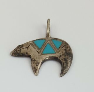 Vintage Sterling Silver Turquoise Inlay Spirit Bear Pendant