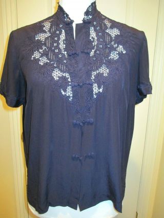 Vyg.  Peony Short Sleeve Chinese Hand Embroidered Silk Blouse In Navy Size 38