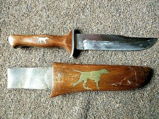 Vintage Hand Made Hunting Knife Hunting Dogs W/wood Sheath