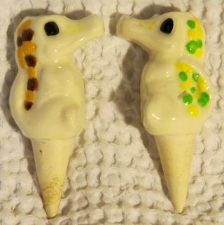 Two (2) Vintage Ceramic Pottery Seahorse Plant Watering Spikes.