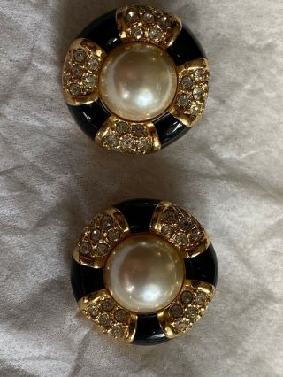 Vintage Signed Christian Dior Blk Enamel Rhinestone Pearl Clip Earrings