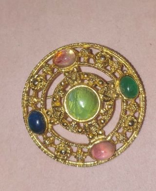 Vintage Multi - Color Glass Cabochons Gold Tone Round Brooch Pin Jewelry