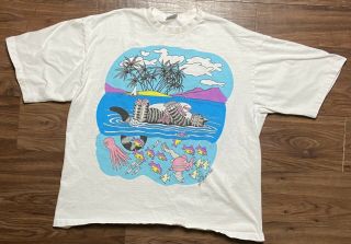 Vtg B Kliban Cat Hawaii Fish 2 Sided Crazy Shirt T - Shirt Usa Made L Sea Life