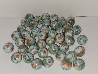 42 Asian Ceramic Beads - Hand Painted - Birds - Flowers - 15mm - Vintage - Old - Nr