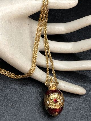 Vintage Joan Rivers Russian Enamel Egg Rhinestone Gold Tone Pendant Necklace
