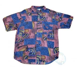 Vtg 80s/90s Tony Silk Pale Pink Blue Geometric Print Short Sleeve Camp Shirt L