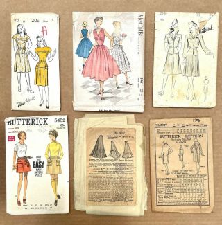6 Vintage Sewing Patterns: 1800s - 1970s,  29 " Bust 24 " Waist,  20s 40s 50s