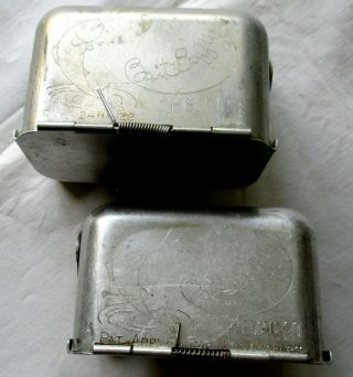 2 Vintage Etched Worm Or Cricket Bait Boxes - Belt Loops - Snap Open & Hinged