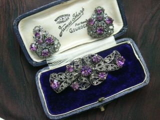 Vintage Antique Art Deco Czech Filigree Amethyst Paste Brooch Pin Earrings Set