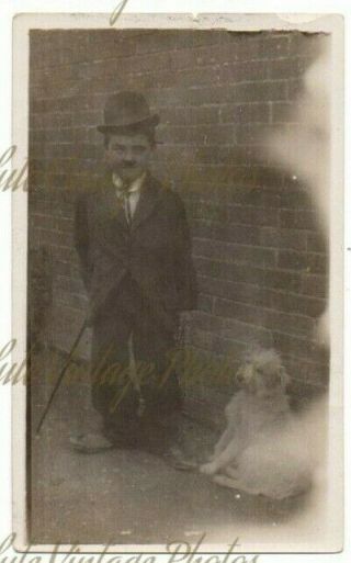 Old Photo Little Boy Dressed Up As Charlie Chaplin & Scruffy Dog Vintage 1920s