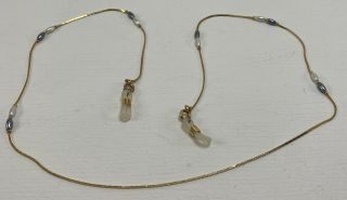 Vintage Eye Glasses Holder Gold Tome Chain & Pearl Bead Design Necklace 26”