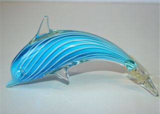Vintage Murano Art Glass Dolphin Figurine - Blue And White Stripe Paperweight 7 "