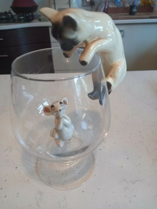 Vintage China Cat & Mouse For Use In Brandy Glass.  Box.  Glass Not Inc.