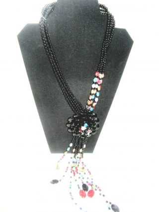 Vintage Joan Rivers Large Black And Multicolored Beaded Necklace W/ Large Flower