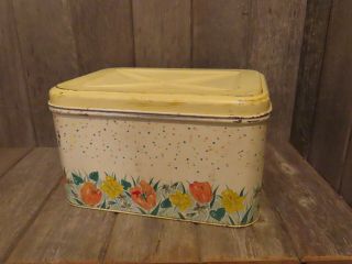 Vintage Metal Bread Box Tin Antique Nc Colorware W/ Vent Tulips & Daffodils