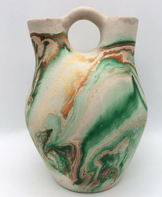Vintage Nemadji Art Pottery Double Spout Wedding Vase Jug Green Orange 6”