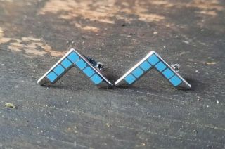 Vintage Sterling Silver Turquoise Inlay Zuni Collar Tips Pins Small Signed