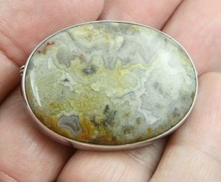 Vintage C 1960 Sterling Silver Crazy Lace Agate Cabochon Brooch Pin