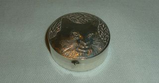 Vintage Silver Pill Box With Embossed Face Of A Cat,  925 Grade,  Mid 20th Century