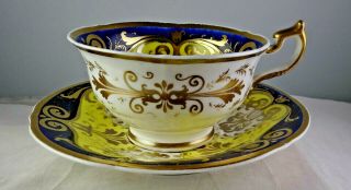 Antique Continental Soft Paste Tea Cup & Saucer Set Yellow Cobalt & Gold