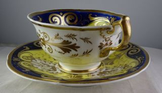 Antique Continental Soft Paste Tea Cup & Saucer Set Yellow Cobalt & Gold 2