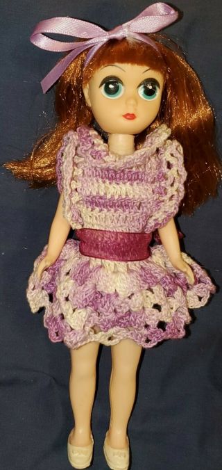 Vintage Susie Sad Eyes Clone? Doll Hong Kong Orange - Red Hair 8  Crochet Dress
