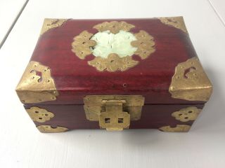 Vintage Cherry Wood And Brass Chinese Jewelry Box W/blue Silk Lining