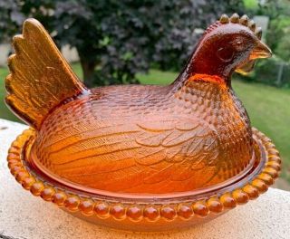 Vintage Indiana Glass Amber Gold Rooster/ Hen On Nest Candy Dish