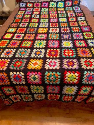 Vintage Granny Square Afghan Blanket Throw Black Multicolor Handmade 49 X 87