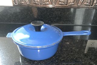 Vintage Cousances Le Creuset France Cast Iron Blue Enamel Sauce Pan W/ Lid 18