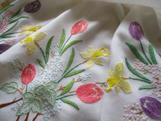 Vintage Hand Embroidered Tablecloth - Spring Floral 