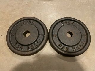2 X 10 Lb Vintage York Barbell 1 " Standard Weight Plates Old Version Pre - Usa