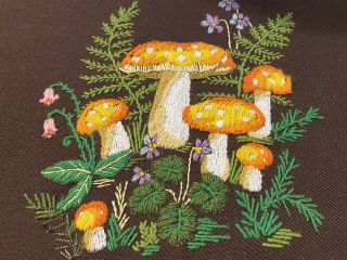 Vintage 70’s Crewel Work Picture Framed 11”x14” Groovy Mushrooms Floral Fern