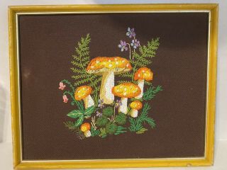 Vintage 70’s Crewel Work Picture Framed 11”x14” Groovy Mushrooms Floral Fern 2