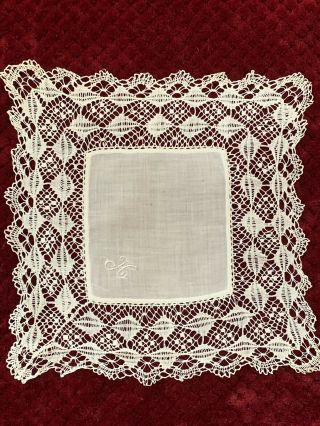 Antique Handmade French Handkerchief With Bobbin Lace Edging &initial H On Linon