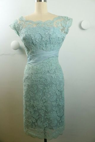 Vintage 50s Aqua Blue Lace And Silk Crepe Wiggle Dress Cocktail Party Xs/s