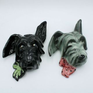 X2 Vintage Ceramic Puppy Dog Head Wall Hanging Retro Kitsch Black Grey