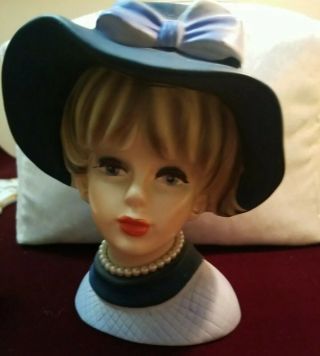 Vintage Lady Head Vase - Napcoware Napco C7494 Blue Hat 6 ".  Teenager Brown Hair