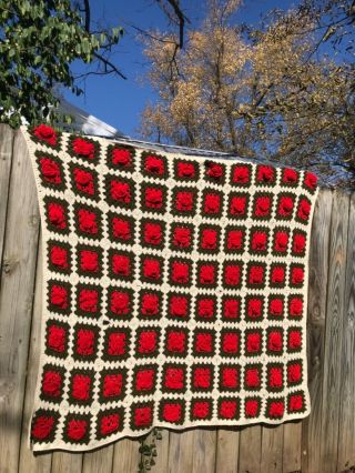 Vintage Handmade Crochet Blanket Afghan Granny Square 3d Rose 66”x 56” Christmas