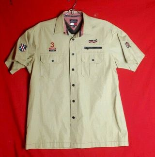 Vintage Tommy Jeans Men Medium M Short Sleeve Button Down Army Military Shirt