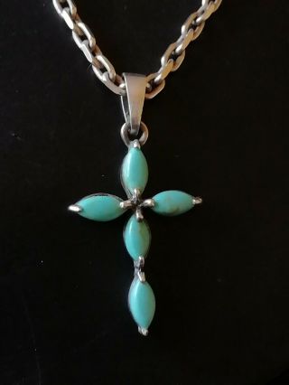 Vintage Jewellery Silver And Turquoise Cross On A Chunky Silver Chain