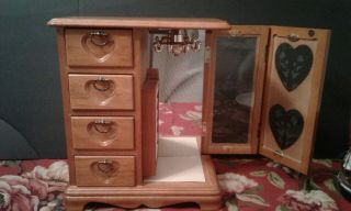 Vtg Wood Jewelry Box W/ 4 Drawers Necklace Ring Holder Etched Glass Door Mirror
