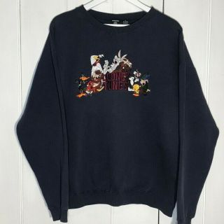 Looney Tunes Sweater Vintage Navy Blue Embroidered Cartoon Characters Warner