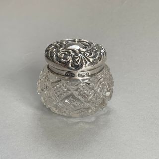 Antique Dressing Table Vanity Cut Glass Jar Sterling Silver Lid Birmingham 1901