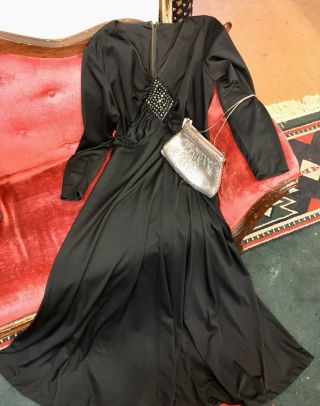 Vintage Goth Glam 50s 60s Black Maxi Dress W/ Rhinestone Accent Size L/xl