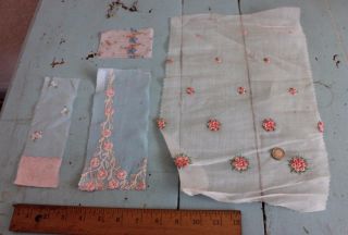 4 Hand Sewn/hand Loomed Doll Scale Vintage Rose Embroideries On Batiste Fabric