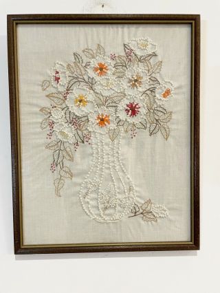 Vintage Crewel Embroidery On Cotton Flowers Floral Framed 15” X 11.  75”