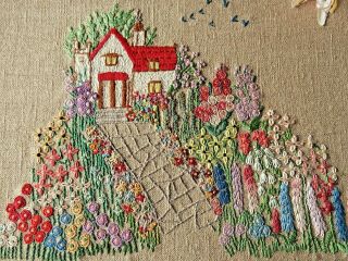 Vintage Hand Embroidered Picture Panel - Cottage & Gardens