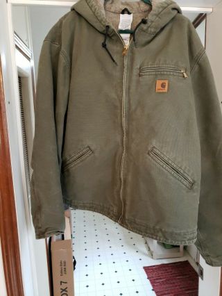 Mens Vintage Green Carhartt Hooded Jacket Coat 1x Insulated Winter Cold