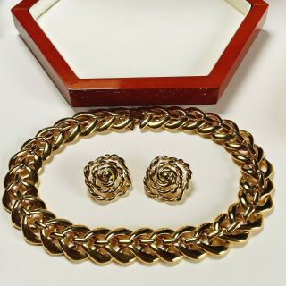 Vintage Jewellery Signed Napier Gold Plated Link Necklace & Pierced Earrings